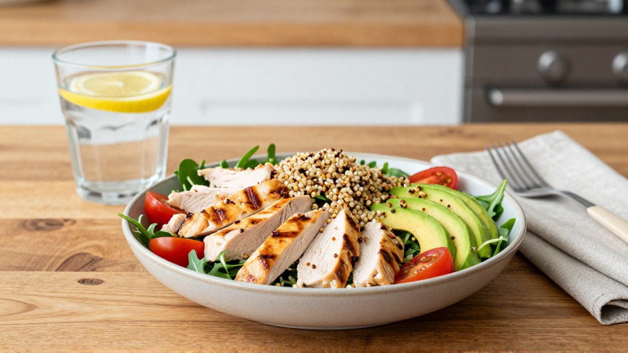 Ensalada de pollo a la parrilla con aguacate, tomate y quinoa sobre una mesa de madera.