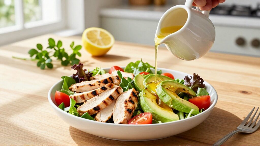 Ensalada de pollo a la parrilla con aguacate y tomates en un ambiente luminoso y saludable.