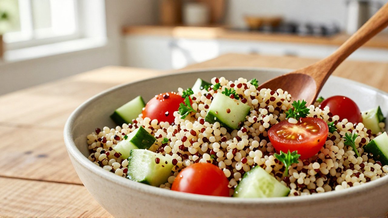 Ensalada de quinoa con pepino, tomates y perejil siendo mezclada en un cuenco de cerámica.