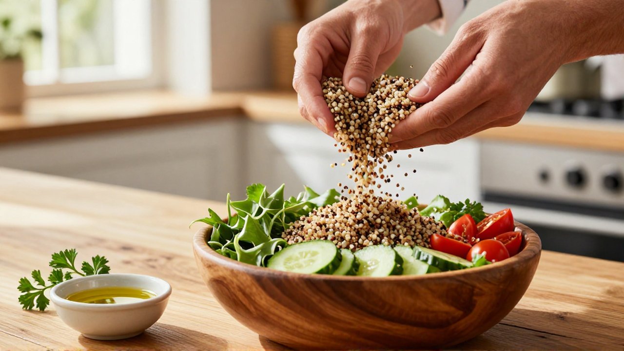 Manos de un chef mezclando quinoa tricolor con vegetales frescos en un bol de madera.