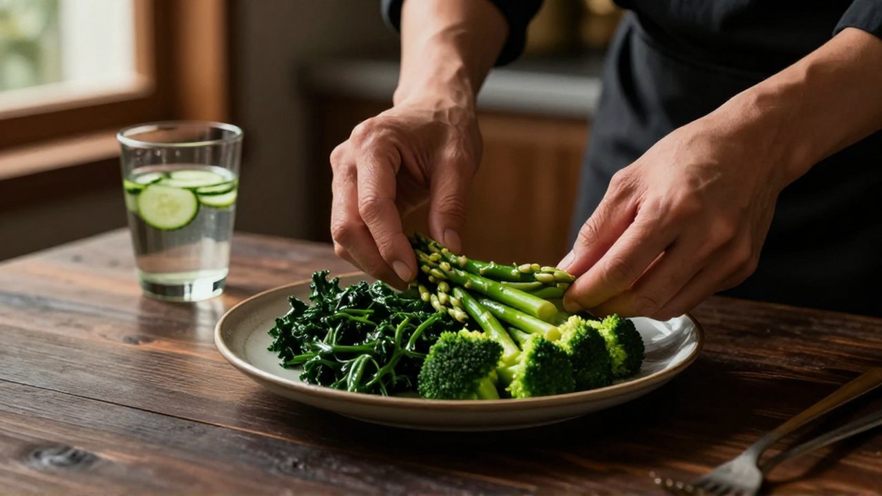 Manos de un chef acomodan una ensalada de vegetales verdes sobre un plato rústico.