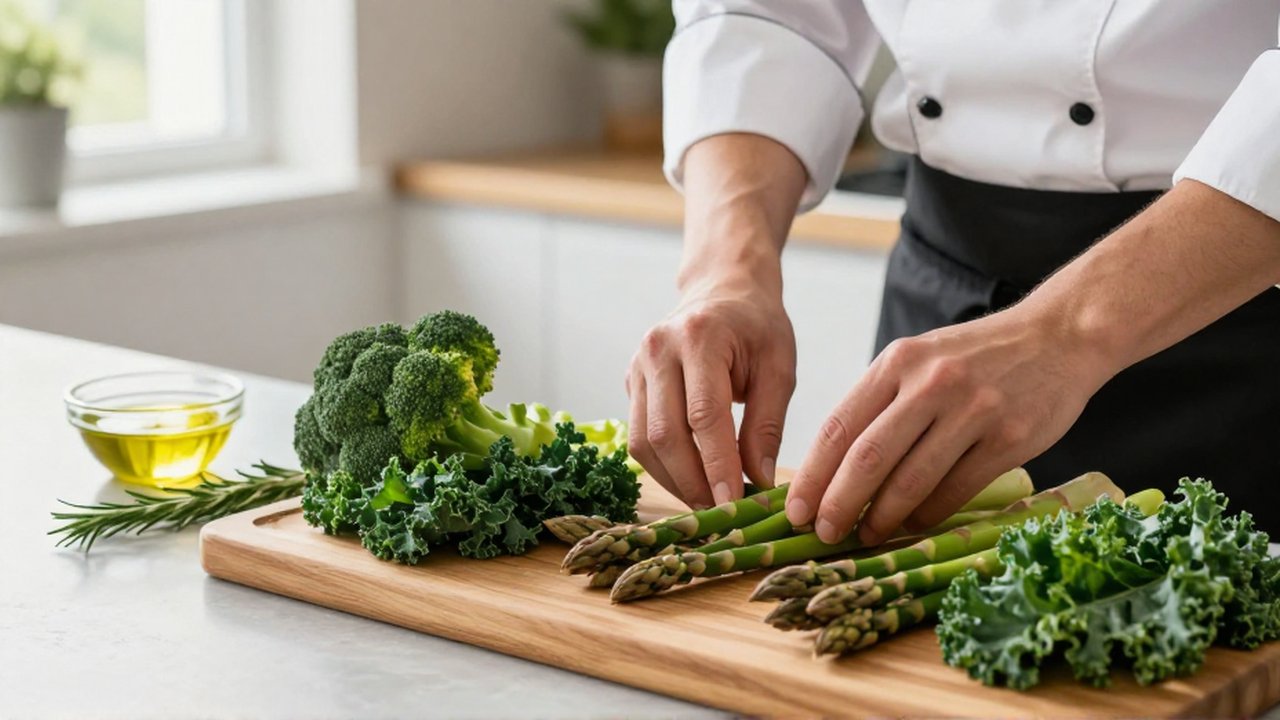 Un chef organiza vegetales verdes frescos sobre una tabla de madera en una cocina luminosa.