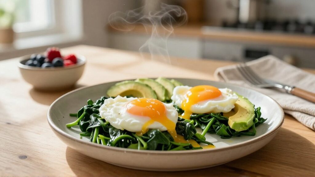 Huevos escalfados con yema líquida sobre espinacas y aguacate en una mesa de madera iluminada por el sol.