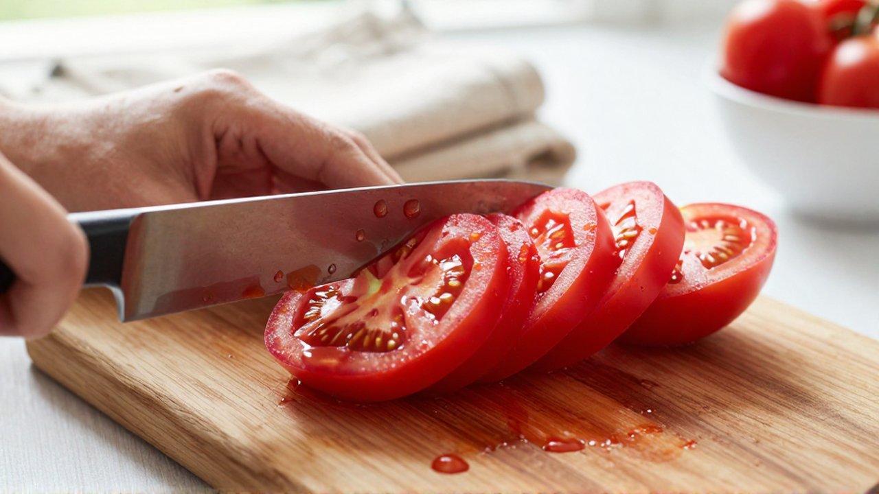 Un cuchillo corta un tomate rojo y jugoso sobre una tabla de madera en una cocina iluminada.