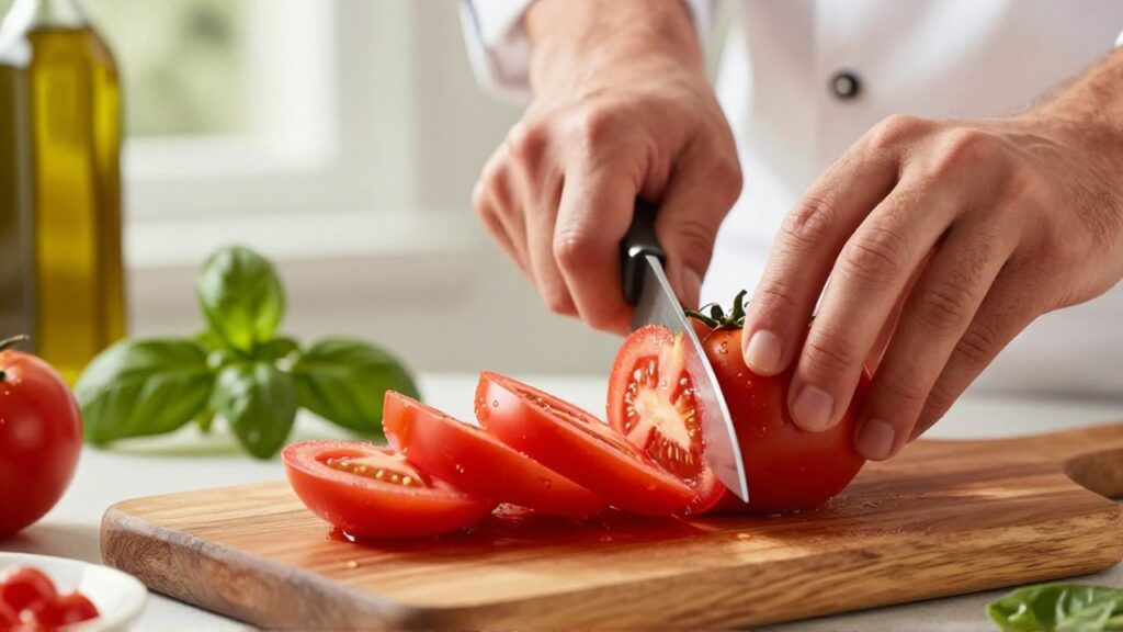 Manos de chef cortando un tomate rojo maduro sobre una tabla de madera en una cocina iluminada.