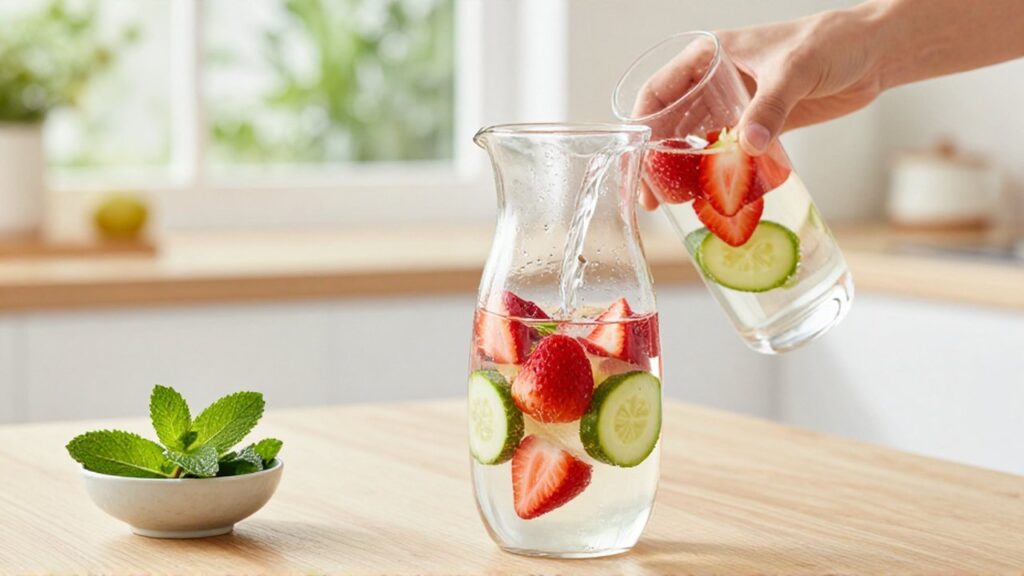 Una mano sirve agua con fresas