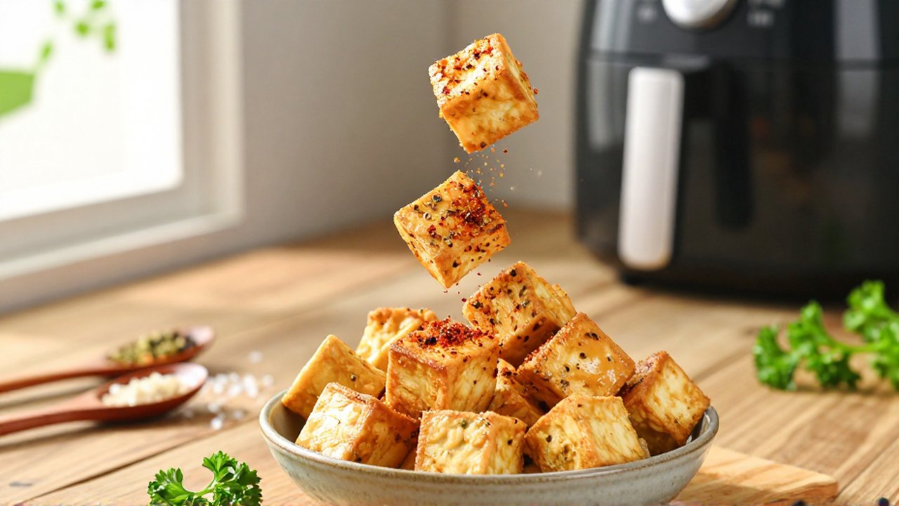 Dados de tofu crujiente siendo sazonados con pimentón y hierbas sobre una encimera de madera.