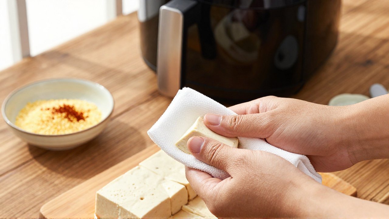 Manos de un chef secando cubos de tofu con un paño blanco sobre madera.