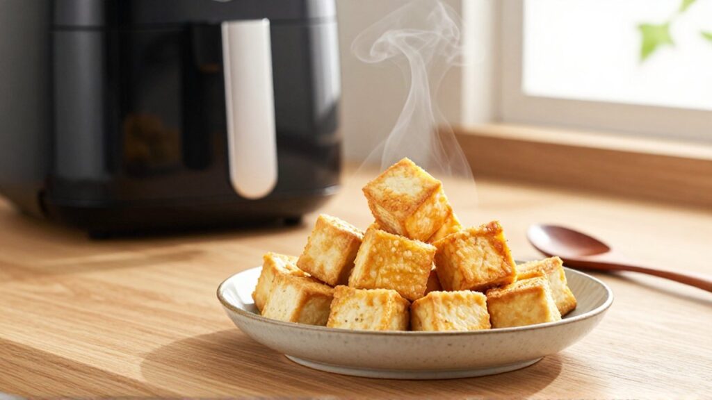 Cubos de tofu dorado y crujiente en un cuenco de cerámica sobre una encimera de madera.