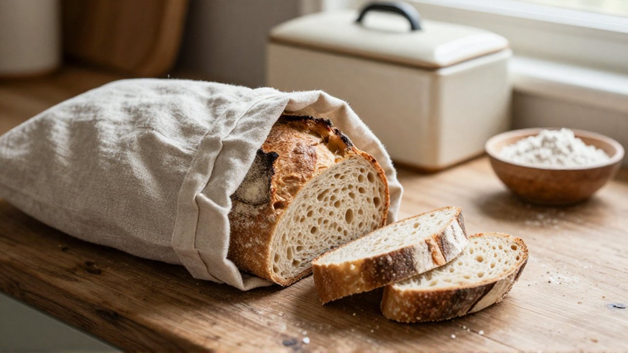 Rebanadas de pan de masa madre se introducen en una bolsa de lino sobre una mesa de madera.