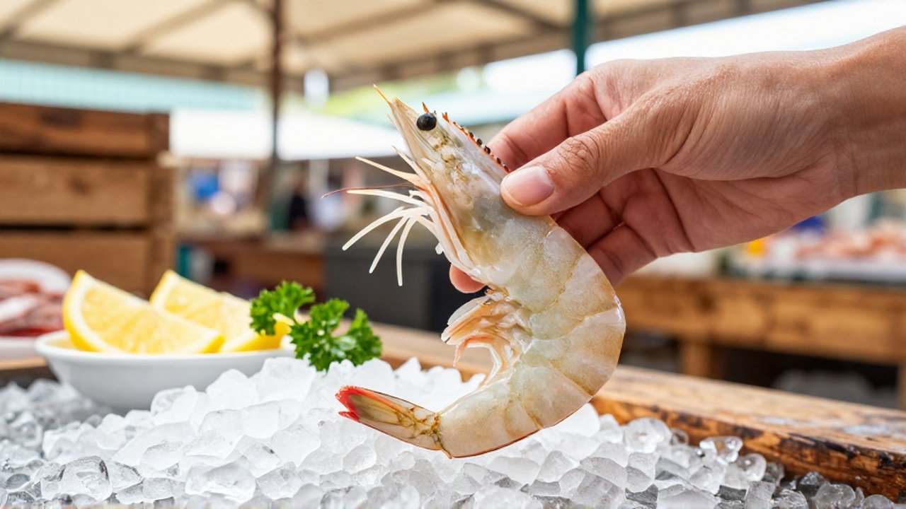 Una mano sostiene un camarón crudo y brillante sobre hielo en un mercado de mariscos.