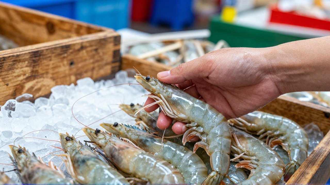 Unas manos inspeccionan langostinos frescos y translúcidos sobre una cama de hielo en un mercado.