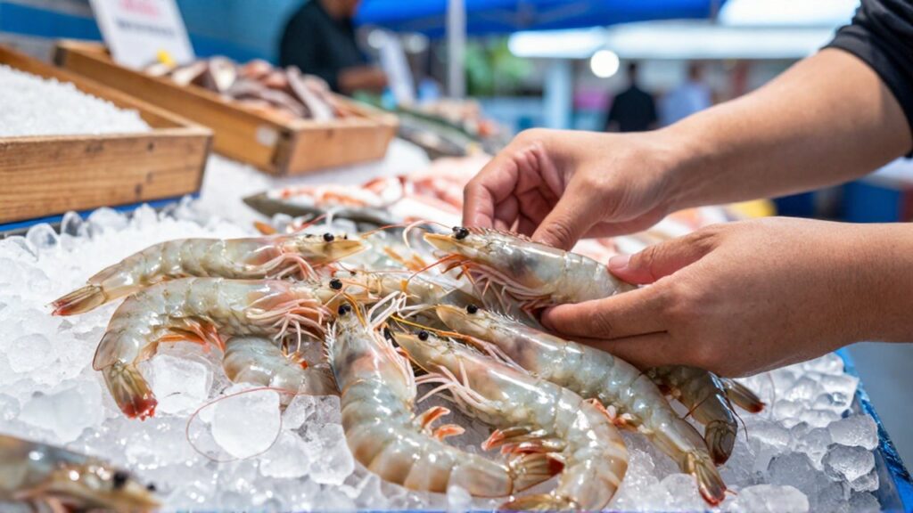 Manos inspeccionando camarones crudos y frescos sobre hielo en un mercado de mariscos.