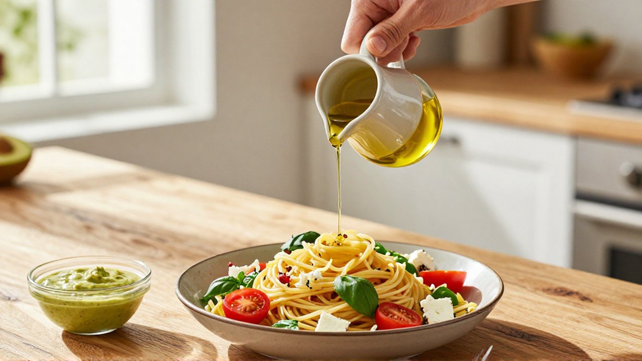 Una mano vierte aceite de oliva sobre una ensalada de pasta con tomate y albahaca en una cocina luminosa.