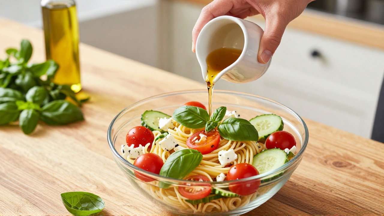 Un chef vierte vinagreta dorada sobre una ensalada de pasta fresca en una cocina iluminada.