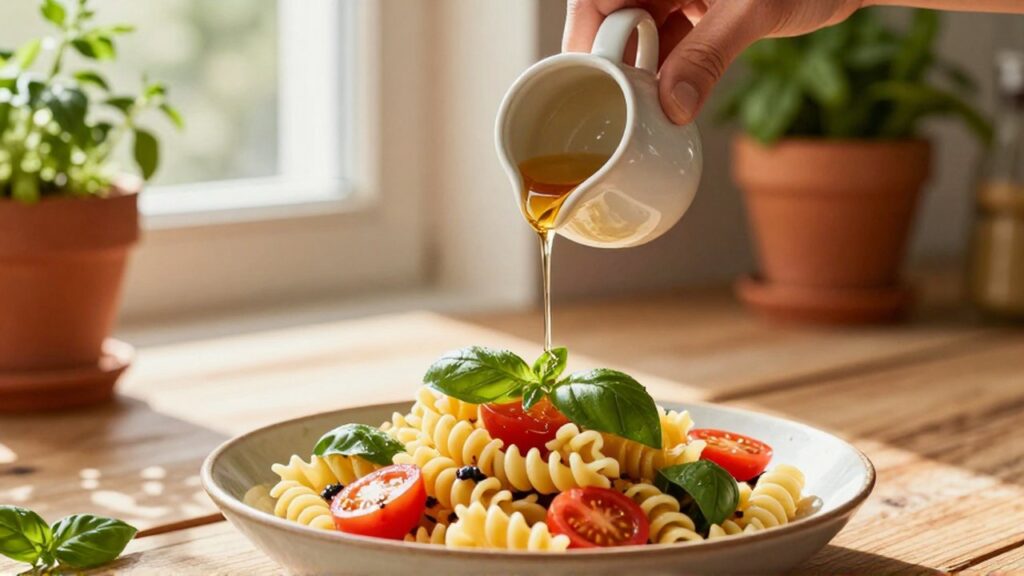 Una mano rocía vinagreta dorada sobre una ensalada de pasta con tomates y albahaca.