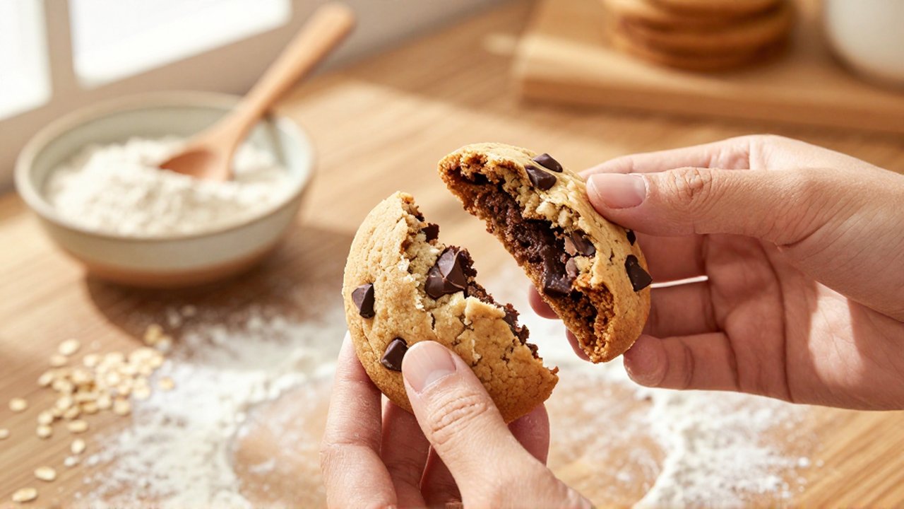 Manos partiendo una galleta suave de avena y chocolate sobre una mesa de madera.