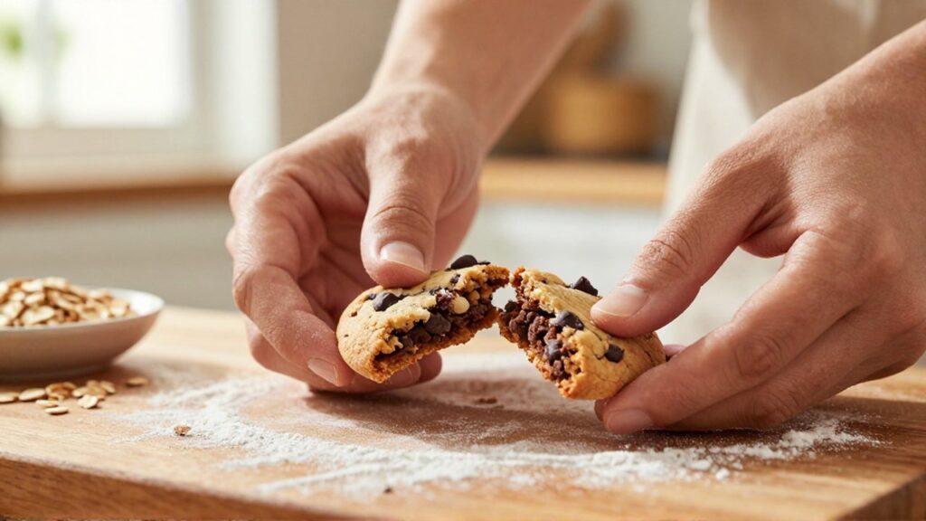 Manos partiendo una galleta suave de avena y chocolate sobre una mesa de madera rústica.