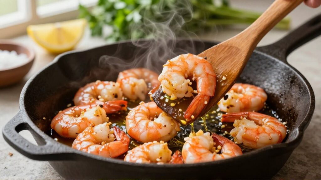 Camarones salteados con ajo y aceite en una sartén de hierro sobre un mostrador rústico.