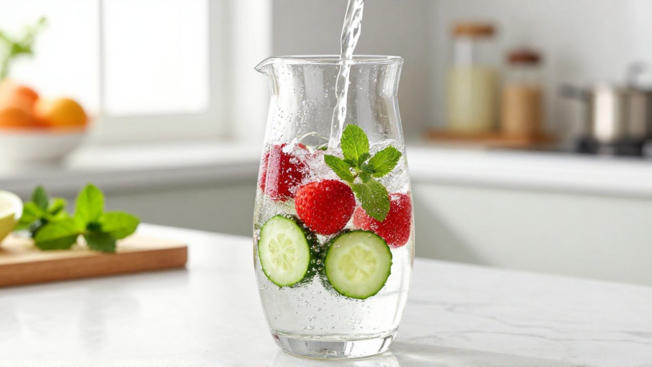 Agua con gas burbujeante llena una jarra de cristal con rodajas de pepino, fresas y menta.