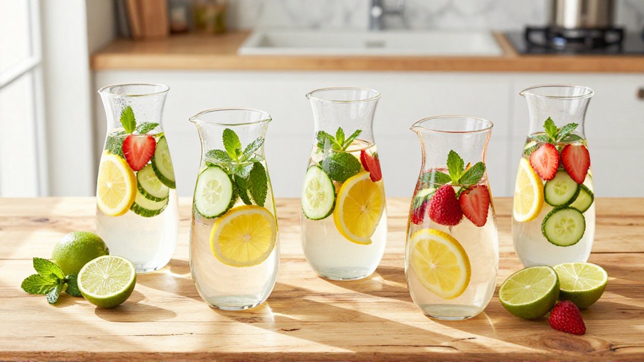 Vistas aéreas de jarras de vidrio con agua de frutas y hierbas sobre una encimera de madera.