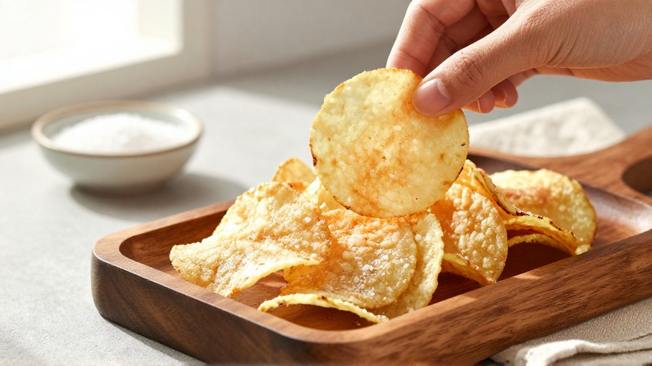 Unas manos levantan patatas fritas caseras crujientes de una bandeja de madera sobre una encimera.