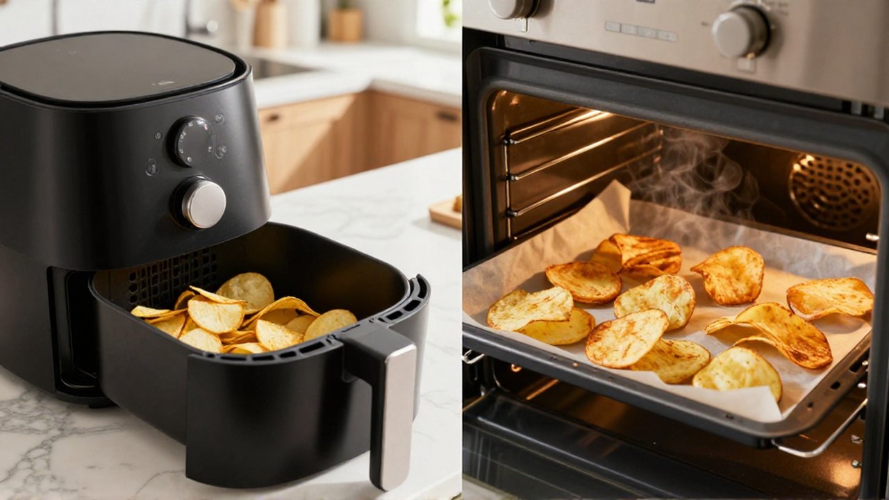 Comparativa de la preparación de patatas fritas caseras usando una freidora de aire y un horno convencional.