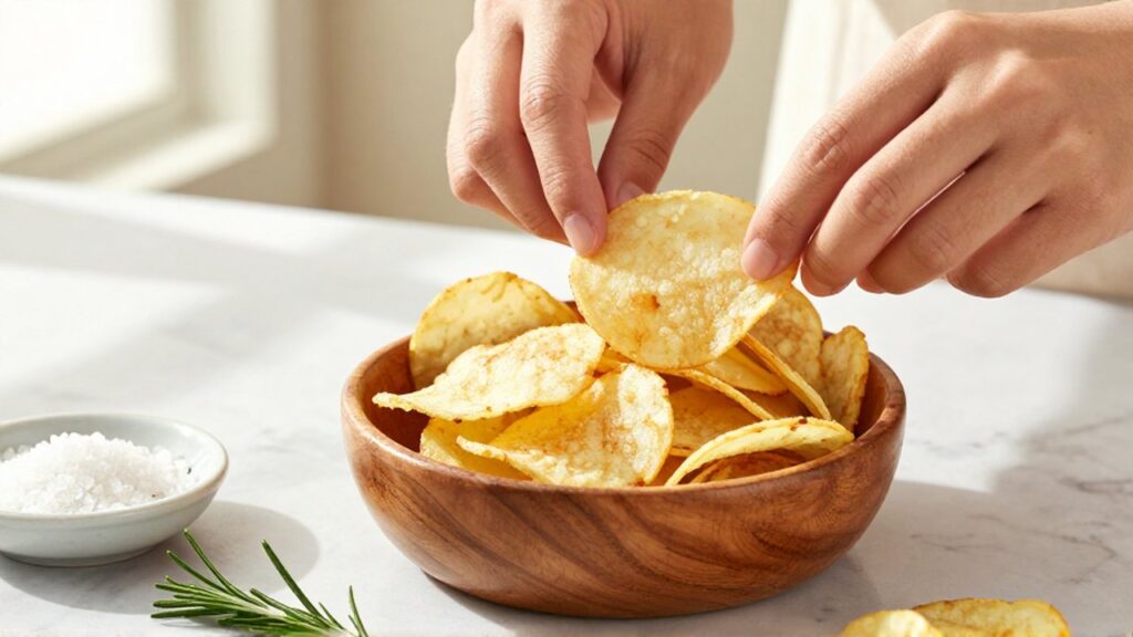 Manos colocando chips de patata caseros y dorados en un cuenco de madera sobre mármol.