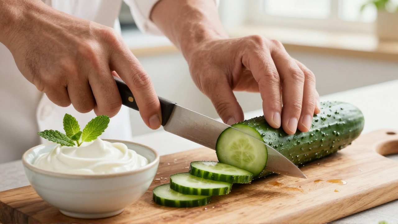 Manos de chef cortando un pepino fresco junto a un cuenco de yogur y menta.