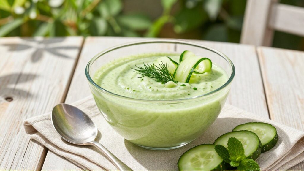 Sopa fría de pepino cremosa en un cuenco de cristal sobre una mesa de madera al aire libre.