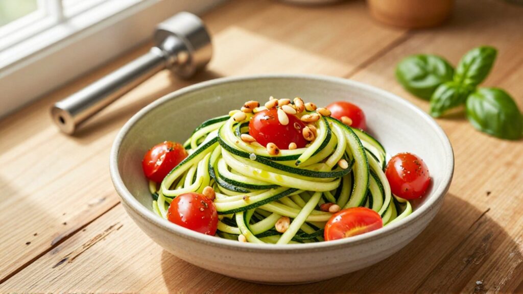 Zucchini espiralizado con tomates cherry y piñones sobre una encimera de madera