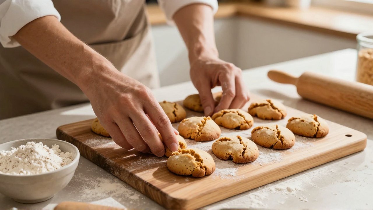 Manos de un panadero revisan la textura de unas galletas de grano entero sobre una mesa de madera.
