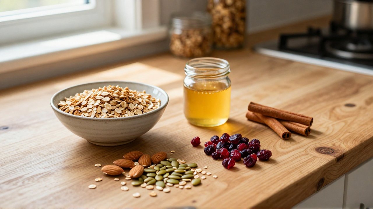 Ingredientes para granola, como avena, frutos secos y miel, dispuestos sobre una mesa de madera.