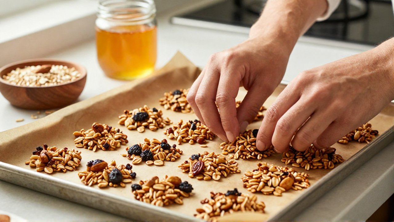 Manos distribuyendo granola casera con trozos tostados sobre una bandeja de horno en una cocina luminosa.