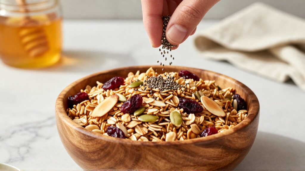Una mano esparce semillas de chía sobre un cuenco de madera con granola artesanal en una cocina luminosa.