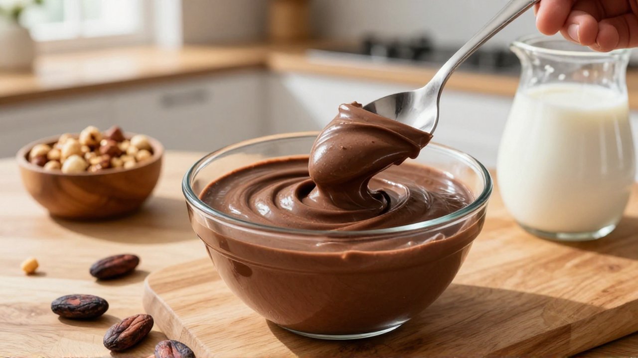Una cuchara de plata extrae una porción de mousse de chocolate oscuro en un cuenco de cristal.