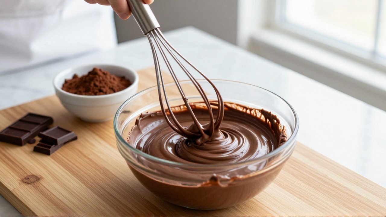 Un chef mezcla mousse de chocolate líquido en un bol sobre una mesa de madera.