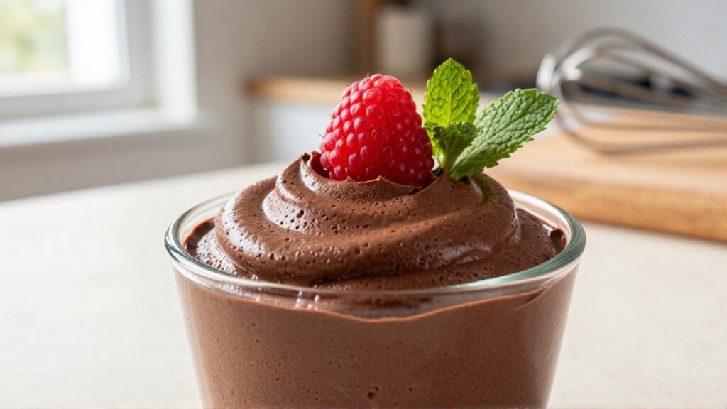 Mousse de chocolate oscuro con una frambuesa y menta en un recipiente de vidrio.