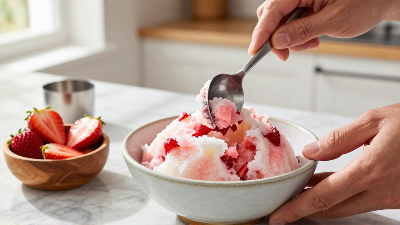 Manos de un chef retiran grumos de un sorbete de fresa con textura cristalina e irregular.