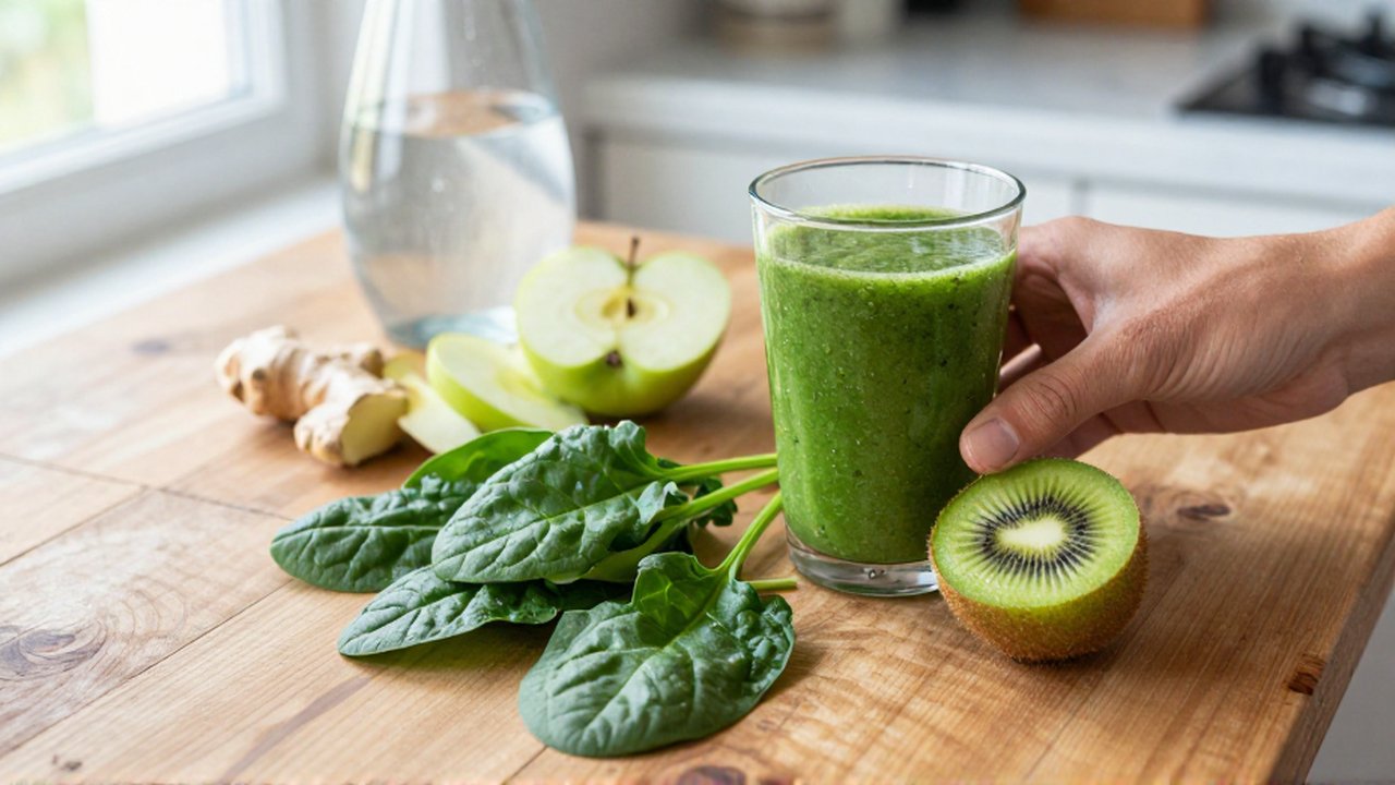 Vaso de smoothie verde sobre una encimera de madera rodeado de espinacas, kiwi y manzana.