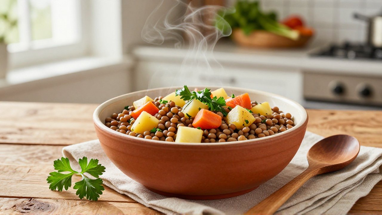 Un cuenco de cerámica con guiso de lentejas, zanahorias y patatas sobre una mesa de madera.