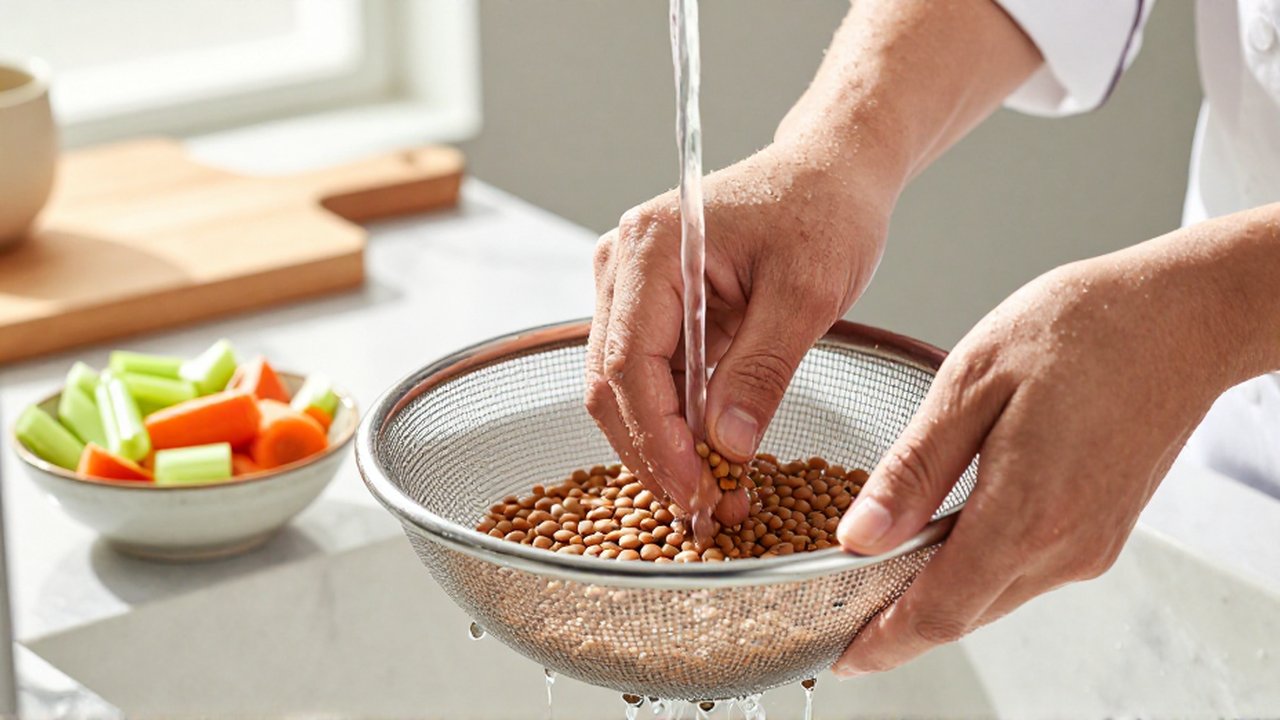 Manos de chef enjuagando lentejas en un colador bajo el chorro de agua en una cocina luminosa.