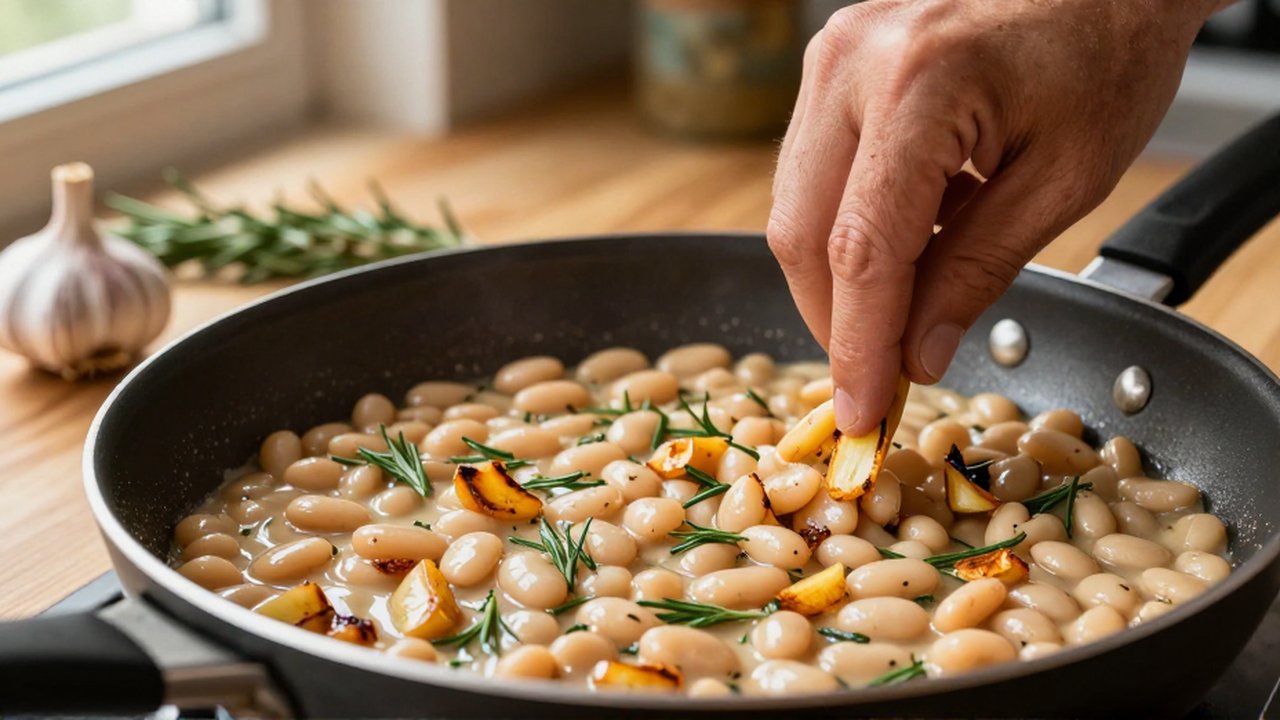 Un chef remueve unos frijoles blancos con ajo dorado y hierbas en una cocina rústica.