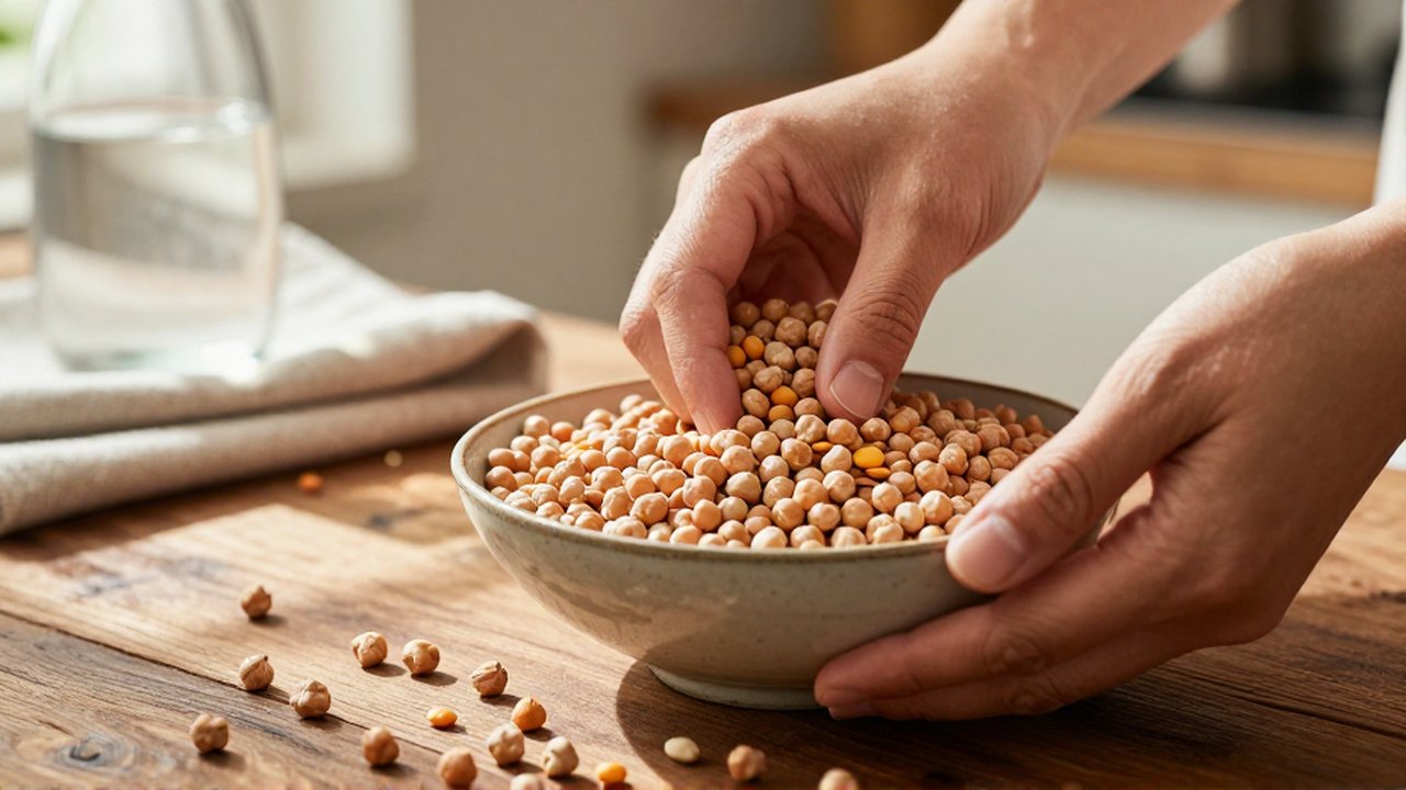 Manos inspeccionando garbanzos y lentejas secos que se desbordan de un cuenco sobre una mesa de madera.