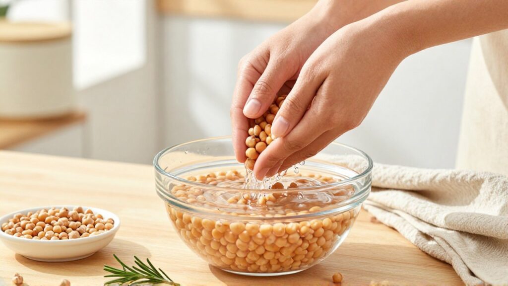 Manos enjuagando garbanzos secos en un bol de cristal con agua en una cocina luminosa.