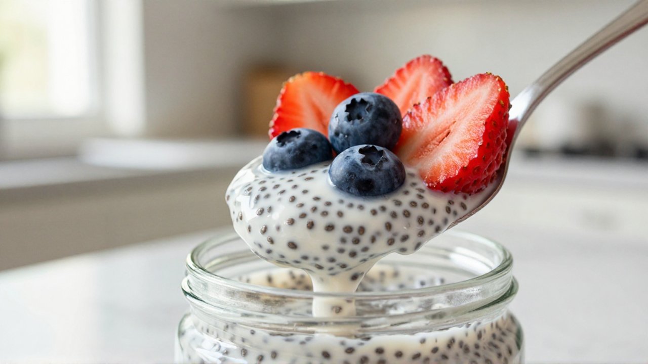 Cuchara con pudín de chía cremoso decorado con fresas y arándanos sobre una encimera soleada.