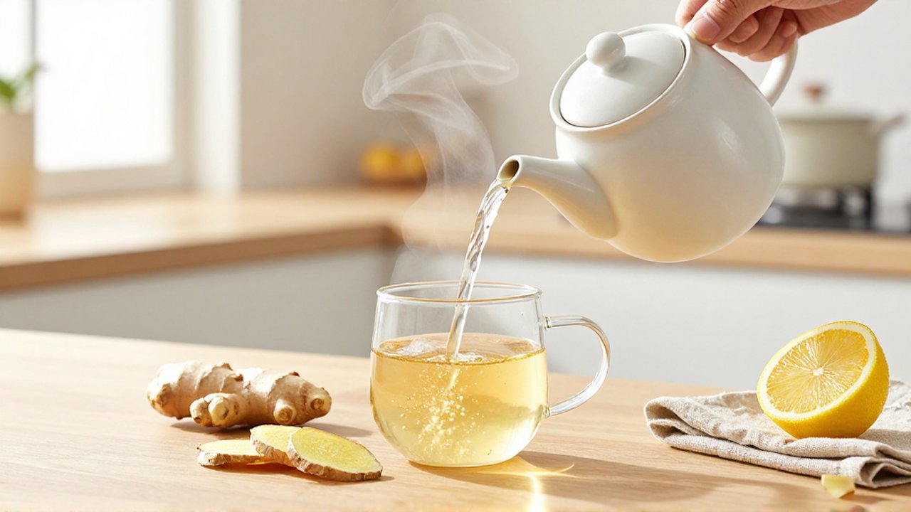 Una persona vierte agua de jengibre caliente en una taza de cristal sobre una encimera de madera.
