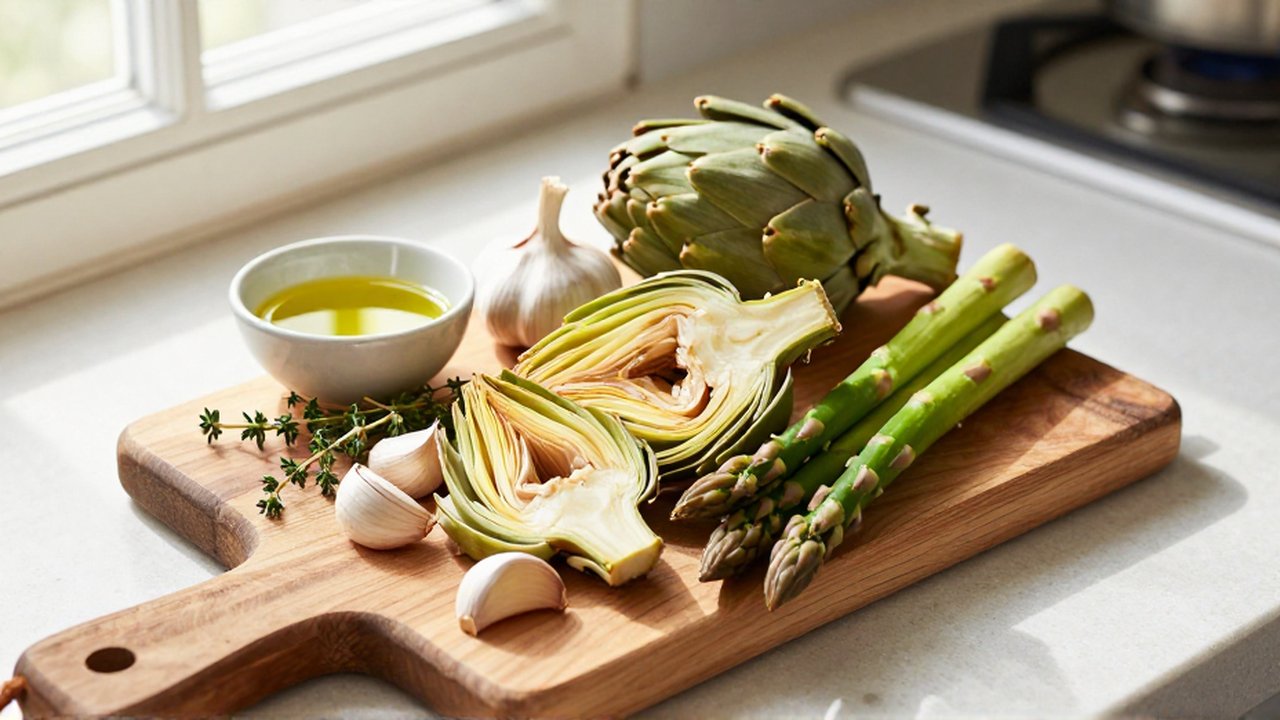 Alcachofas, espárragos y ajos frescos sobre una tabla de madera con aceite de oliva.