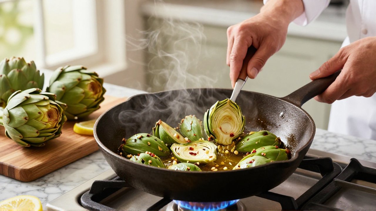 Manos de chef salteando corazones de alcachofa con ajo y chile en una sartén de hierro.