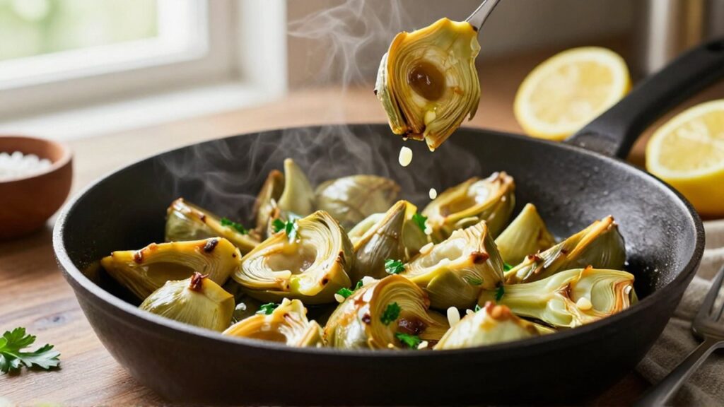 Corazones de alcachofa dorados salteados con ajo y perejil en una sartén de hierro.